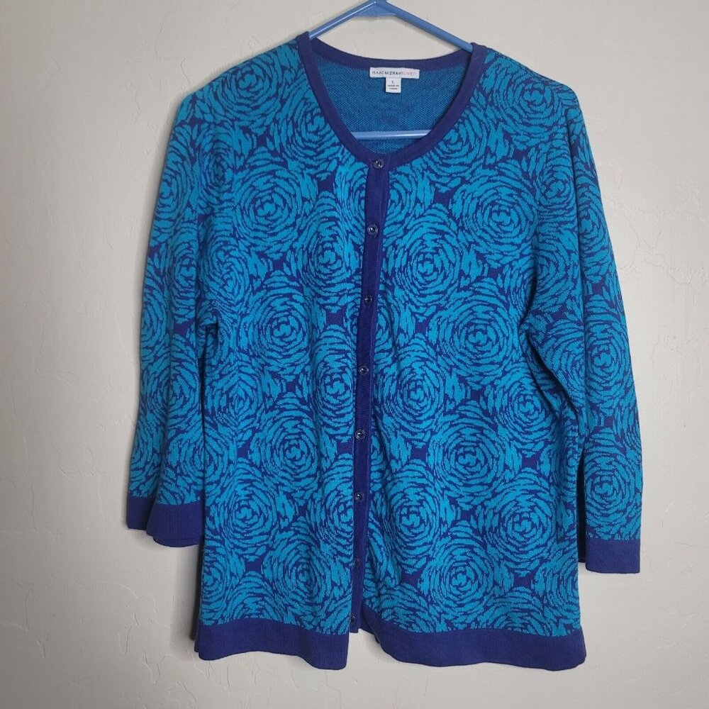 Isaac Mizrahi L Cardigan Sweater Floral 3/4 Sleeve Blue Green Cotton Rayon